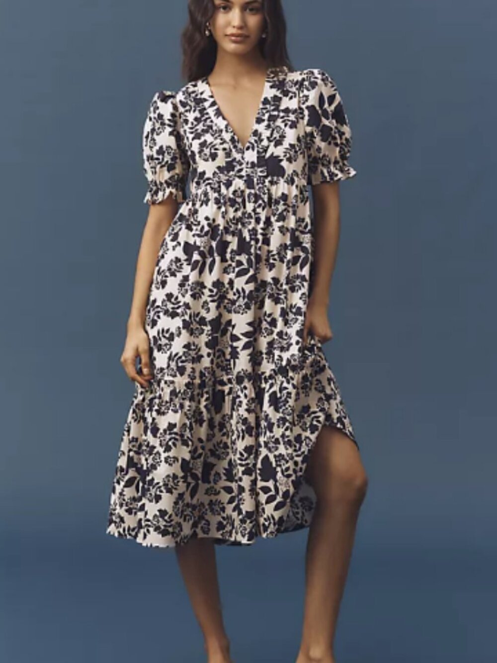 English Factory Puff-Sleeve V-Neck Midi Dress size large boho cottage neutral